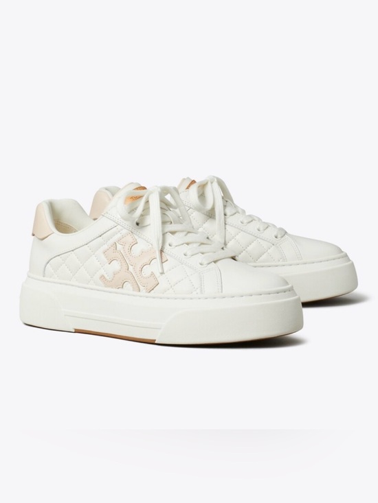 Tory Burch Shoes - Tory Burch Quilted White Leather Platform Sneakers with Pale Pink Logo